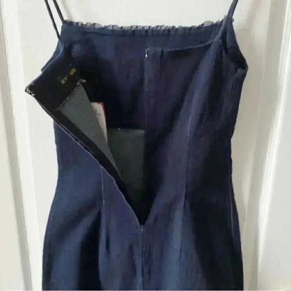 Le Chateau Denim Slip Dress Bodycon Stretch Blue High Low Size Small NWT - Picture 9 of 15